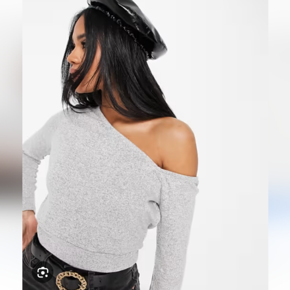 NA-KD X Pamela One Shoulder Brushed Cropped Y2K Gray Top